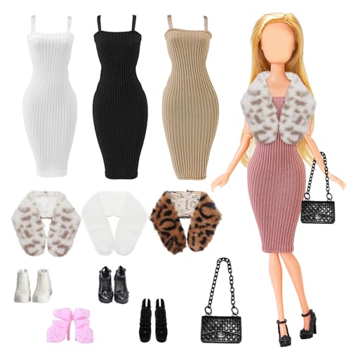 4 Set Puppen Kleidung und Zubehör, 11.5 Zoll Puppen Kleid Outfit Mode Wear Sets mit gestrickten Kleid Wraps Mantel High Heels Schuhe und Handtasche Puppe Kleidung für Weihnachten Geburtstagsgeschenk von Bodorma