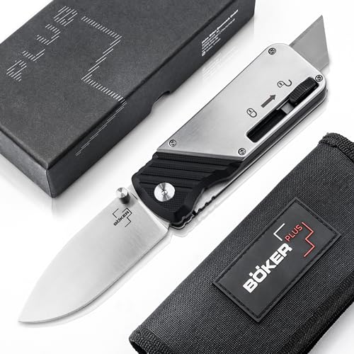 BÖKER PLUS® Bill N Ted Operation Box Knife Cutter - EDC Taschenmesser mit Cutter & D2 Droppoint Klinge - Klappmesser mit Trapez-Klinge - G10 Kombi-Messer mit Clip - Teppich-Messer in Geschenk-Box von BÖKER PLUS