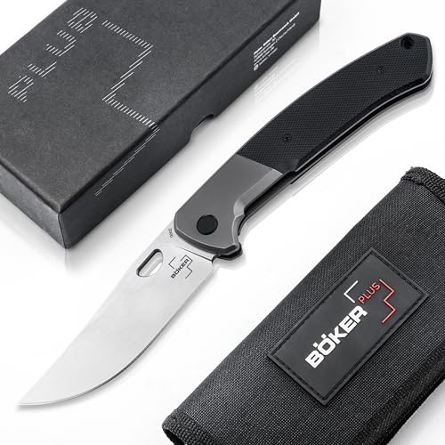 BÖKER PLUS® Elso Folder - Outdoor Einhand-Messer mit D2 Upswept Klinge - Profi Frame-Lock Messer groß - EDC Utility Knife mit G10 Griff schwarz - Klapp- & Taschen-Messer hochwertig mit Clip & Etui von BÖKER PLUS