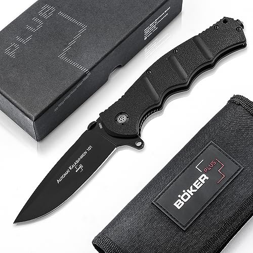 BÖKER PLUS® AK101 2.0 taktisches Einsatz-Messer - schwarz mattes D2 Taschenmesser mit Daumen-Pin - Droppoint Knife mit Glasbrecher - Kalashnikov Klappmesser mit Liner-Lock & Clip von BÖKER PLUS