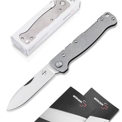 Böker Plus® Atlas Backlock Droppoint Taschenmesser - Zweihand-Messer mit Metall-Griff aus Edelstahl - kleines EDC Messer mit Clip & 7,1 cm D2 Drop-Point Klinge 42a konform von Böker Plus