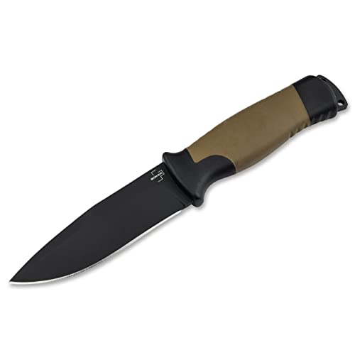 Böker Plus® Desertman - feststehendes Fahrtenmesser mit 11,5 cm schwarzer Sandvik Klinge - Spearpoint Outdoor-Messer mit GFK & TPR Griff in KU-Scheide für Pfadfinder von Böker Plus