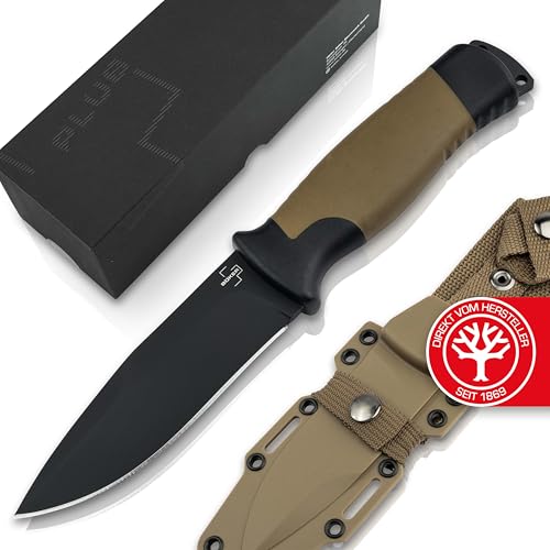 BÖKER PLUS® Desertman - feststehendes Fahrtenmesser mit 11,5 cm schwarzer Sandvik Klinge - Spearpoint Outdoor-Messer mit GFK & TPR Griff in KU-Scheide für Pfadfinder von BÖKER PLUS