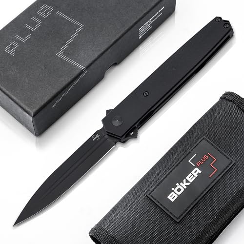 BÖKER PLUS® Kwaiken Sym Dagger Knife - Dolch Taschenmesser mit Flipper schwarz - Klapp-Messer mit Clip beidseitige Klinge- EDC Einhandmesser Titan & G10 Griff & Liner-Lock in Etui von BÖKER PLUS