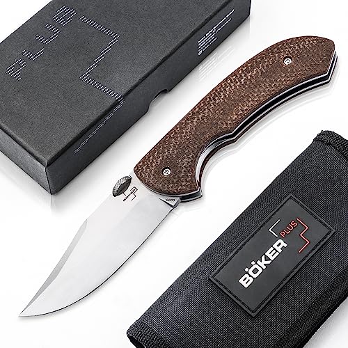 BÖKER PLUS® Pocket Bowie Knife - Taschenmesser mit D2 Bowie-Klinge & Daumen-Heber - Bowie 1 Hand Klappmesser mit Micarta Griff - Drei Finger Messer in Etui von BÖKER PLUS