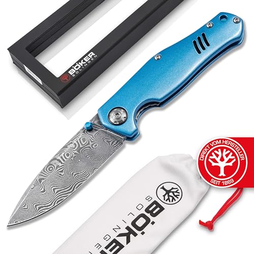 Böker Solingen® 1969 Z28 Damast Taschenmesser - Damaszener EDC Klappmesser mit Aluminium Griff blau - Linerlock Knife mit Clip im Camaro Design - handgefertigtes EDC Messer in Etui mit Geschenk-Box von Böker