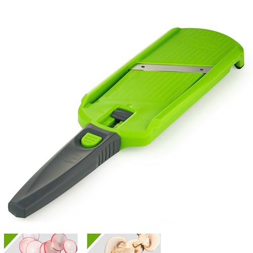 Börner Multi Slicer Gemüseschneider • Gemüsehobel für Scheiben in 2 Schnittstärken • Vegetable Slicer für Obst & Gemüse • Kompakter Mini Küchenhobel • Farbe: Grün mit grauem Griff von Börner