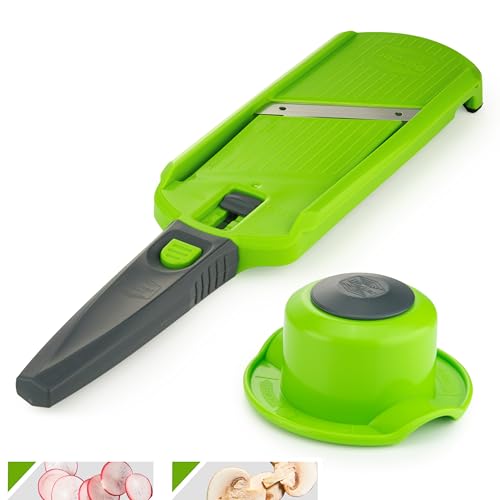 Börner Multi Slicer Set (Gemüseschneider + Fruchthalter) • Gemüsehobel für Scheiben in 2 Schnittstärken • Scheibenschneider für Obst & Gemüse • Kompakter Küchenhobel • Farbe: Grün von Börner