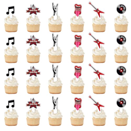 24 Stück Rock and Roll Cupcake Topper, Born to Rock Music Note Cake Cupcake Toppers Cake Toppers Birthday Cake Topper für 50er Jahre Rockmusik Party Dekoration von Boerni