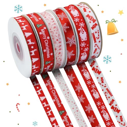 60 Meter langes Weihnachtsband für Festlichkeiten, 6 Rollen in 6 rot-weißen Designs, 9,1 m pro Rolle, 3 Materialien Ripsband-Satin-Organza für Kuchenkränze, Bastelarbeiten, Schleifen, Girlande, von Boerni