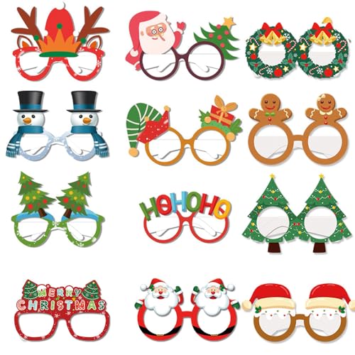 Boerni Weihnachtsparty-Brille, Weihnachts-Kostüm-Brillenrahmen, kreative Papierbrillen für Weihnachtsfeierzubehör (12 Stück) von Boerni