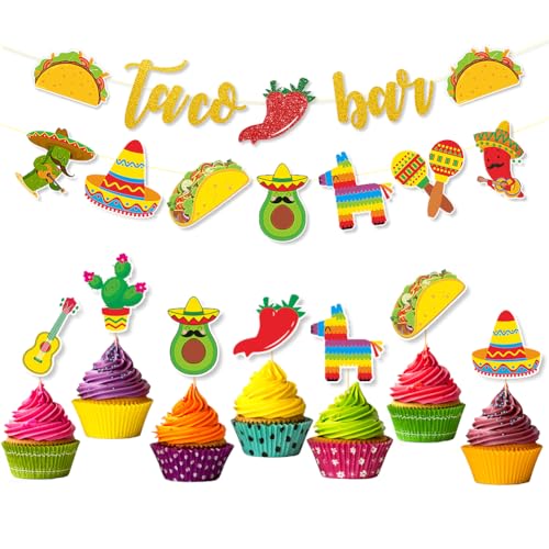 Cinco De Mayo Motto-Party-Dekorationen, buntes Taco-Bar-Schild, Banner, Kaktus, Taco, Regenbogen-Esel, Girlande, Fiesta-Kuchenaufsatz für mexikanischen Karneval, Festival, Geburtstag, Partyzubehör von Boerni