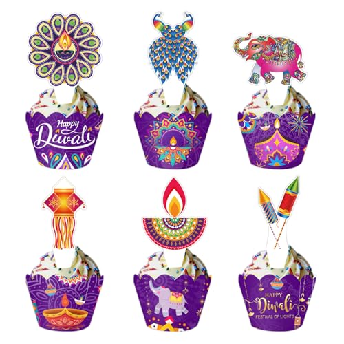 Cupcake-Topper und Wrapper-Set "Happy Diwali", violett, indische Deepavali-Cupcake-Dekoration, indisches Diwali-Festival, Party-Dekorationen für Hindu, Diwali, Indien, Festival der Lichter, von Boerni