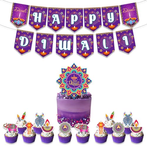 Diwali Festival Party Dekoration, lila Happy Diwali Hängendes Banner indisches Diwali Festival Kuchen Cupcake Topper für Hindu, Diwali, Indien, Festival der Lichter, Deepavali Partyzubehör von Boerni