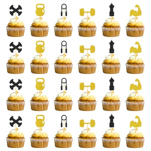 GYM Cupcake Topper, Fitness Thema Cupcake Topper, Schwarz Gold Glitzer Kettlebells, Langhanteln, Workout, Cupcake Topper für Fitness Mottoparty von Boerni