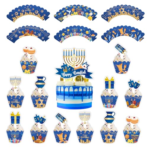 Happy Chanukkah Cupcake-Topper und Wrapper-Set, blaue Chanukah-Festival-Tortenaufsätze, Cupcake-Dekoration, Menora, Dreidel, Party-Dekorationen für jüdisches Judentum, Neujahr, Partyzubehör von Boerni