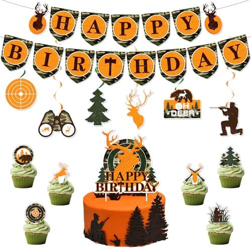 Jagd-Geburtstagsparty-Dekoration, Happy Birthday Wimpelkette Banner Girlande Camo Hirsch Camouflage Decke hängende Wirbel Luftschlangen Kuchen Cupcake Topper für Vater Junge Kind Jagd Geburtstagsparty von Boerni