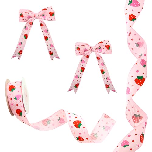 Ripsband mit Erdbeeren und gepunktetem Ripsband, 2,5 cm x 9,1 m, Obstband für Frühlings- und Sommerkränze, Basteln, Besätze, Haarschleifen, Geschenkverpackung, Pastellrot und Rosa von Boerni