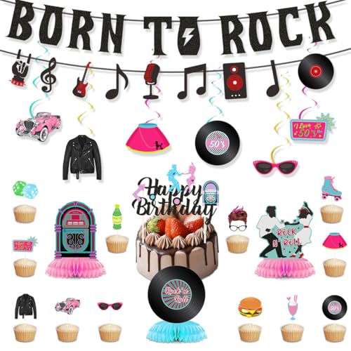 Rock-and-Roll-Party-Dekoration, Born to Rock, Wimpelkette, Deckendekoration, Wirbelschlangen, Wabenaufsätze, Kuchendekoration, Cupcake-Topper für 50er-Jahre, Rockmusik, Geburtstagsparty-Dekoration von Boerni