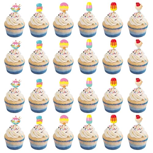 Sommer-Themenparty-Dekoration, Eiscreme-Cupcake-Topper für Kuchen, Mini-Kuchen, Eislutscher, Käse, Donuts, Pudding, Gelee (24 Stück) von Boerni