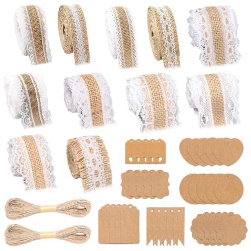 Bofanze 11 Rollen Juteband mit Spitze, Juteband Vintage Spitzenband Weiß mit 2x1m Juteseil und 7x5pcs Kraftpapier Anhänger, Spitze Dekoband Natur, Spitzenbordüre Dekoband für Weihnachten Deko Hochzeit von Bofanze