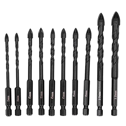 10 pcs Kreuzschraube Mauerwerk Bohrbits Set, 3 Flöte zementierte Carbid -Twist -Bits mit Hex -Schaft, für Glaskeramikfliesen Spiegel Holzporzellan Spiegel von Bognajin