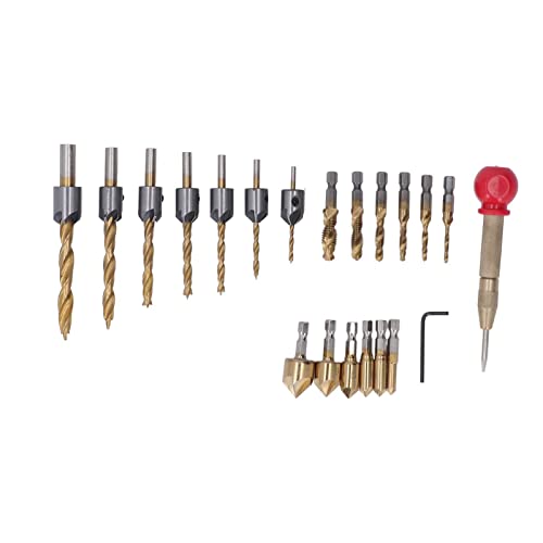 20pcs Gold Countersink CloMfer Drill -Bit -Set, einschließlich Schub, Countersink, Tap -Bits, Sechskantschlüssel, Mittelstempel, Hochgeschwindigkeitsstahl mit Abrieb für Handbohrer von Bognajin