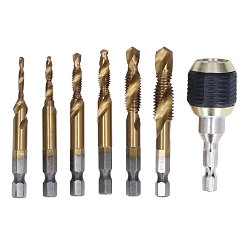 7Pcs/Set Spiral Combination Tap Kit, High Speed Steel Material, 1/4in Hex Shank, 6 Different Sizes for Drilling Tapping Chamfering in Wood Metal Plastics, with Fast Change Chuck (Titanium-plated tap) von Bognajin