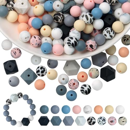 Bogoro 104 Stück Silikonperlen Bunte, Silikonperlen Rund, Perlen zum auffädeln kinder, Bastelperlen Rund Polygon, Perlen für Armbänder, Silikon Perlen Set, für DIY Schmuck Armband Halskette Basteln von Bogoro