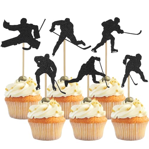 Bogoro 24 Stück Hockey Kuchenaufsatz, Cupcake Toppers, Schwarze Hockey Cupcake Topper, Kuchen Cupcake Dekoration, Hockeyspieler Kuchendekorationen, für Backen, Dessert, Party, Geburtstag von Bogoro