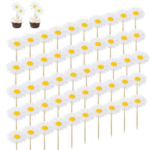 Bogoro 50 Stück Tortendeko,Cupcake Toppers,Daisy Flower Cake Topper,Gänseblümchen Tortendeko Esspapier,Topper Gänseblümchen,Blumen Pappbecher Cake,Gänseblümchen Deko für Mädchen Kinder Party von Bogoro