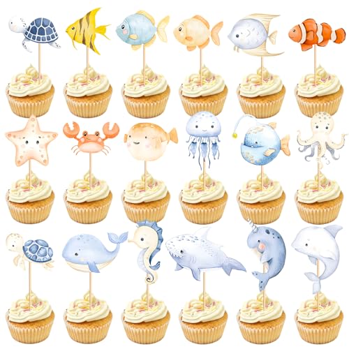 Bogoro 56 Stück Fisch Cupcake Dekoration Ozean Tier Kuchen Spitze Meerjungfrau Kuchen Topper Seestern Seetang Torten Deko Seepferdchen Cupcake Deko Esspapier Tortendeko Unterwasserwelt für Geburtstag von Bogoro