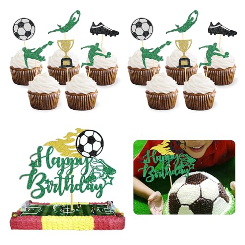 Fussball Geburtstag Deko,Tortendeko Fussball,25 fußBall Tortendeko,Kuchen Deko FußBall, Glitzer Fussball Cupcake Topper,Muffin Deko Fussball,Geeignet FüR Geburtstagsfeiern Mit FußBall-Motto von Bogoro