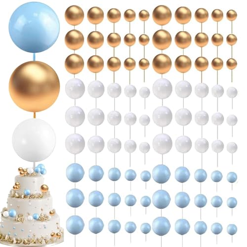 Tortendeko Kugeln, 108 Stück Goldenes Kugeln Tortendeko Set Cake Decoration Mit Getrocknete Blumen Geburtstag Hochzeit Babyparty Jubiläum Party Feier (Gold, Weiß, Blau, 5 Größen Bestehen) von Bogoro