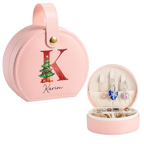 Personalisierte Schmuckschatulle Name & Initiale, Benutzerdefinierte Weihnachten Reise Schmuckkästchen Klein Schmuck Organizer für Ringe, Halsketten, Ohrringe (A3 - Initiale Weihnachtsmann, A1 - Rosa) von Bohaluo