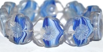 10 grams Table Cut Hawaii Flower Beads, Crystal Blue Stripes Hematite (65014-14400), Glass, Czech Republic, 22 x 22 mm von Bohemia Crystal Valley