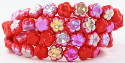 100 pcs 5-Petal Flower Pressed Beads, Red Ab (93190-AB), 10 mm, Glass, Czech Republic von Bohemia Crystal Valley