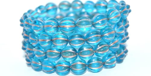 100 pcs Melon Round Pressed Glass Beads With Stripes, Transparent Aqua Copper Lined (60020-54200), 10 mm, Glass, Czech Republic von Bohemia Crystal Valley