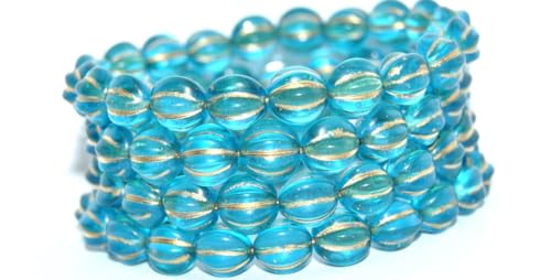 100 pcs Melon Round Pressed Glass Beads With Stripes, Transparent Aqua Gold Lined (60020-54202), 10 mm, Glass, Czech Republic von Bohemia Crystal Valley