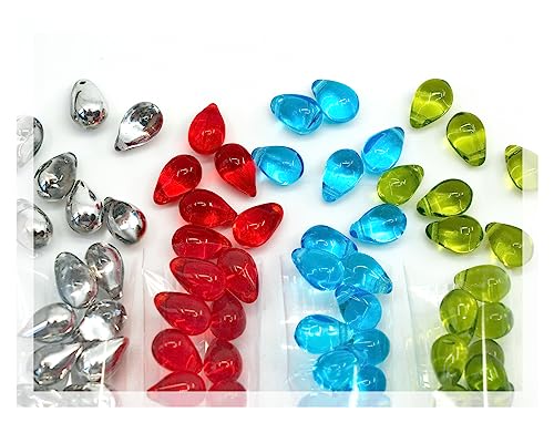 120+ Bead Kit of 6x9mm Pendant Drop Beads - Teardrop Glass Beads for Jewelry Making Set in 4 Bright Distinct Colors: Blue, Red, Olive Green, Half Silver von Bohemia Crystal Valley