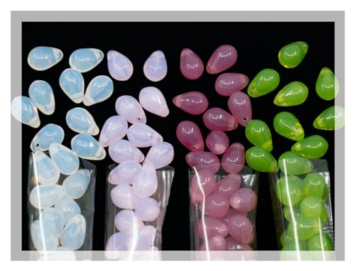 120+ Bead Kit of 6x9mm Pendant Drop Beads - Teardrop Glass Beads for Jewelry Making Set in 4 Opal Colors: White, Pink, Dark Pink, Grass Green von Bohemia Crystal Valley