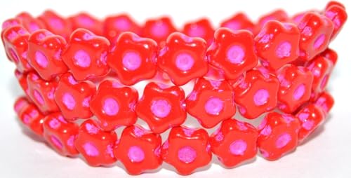 120 pcs Simple Flower Pressed Glass Beads, Opaque Red Pink Lined (93200-46470), 11 mm, Glass, Czech Republic von Bohemia Crystal Valley