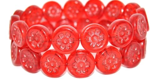 30 pcs Round Flat With 6-Petal Flower Pressed Glass Beads, Transparent Red Copper Lined Metalic (90060-43806-METALIC), 16 mm, Glass, Czech Republic von Bohemia Crystal Valley