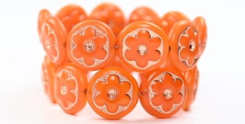 30 pcs Round With Convex Flower Pressed Glass Beads, Orange Copper Lined (81240-54200), 17 mm, Glass, Czech Republic von Bohemia Crystal Valley