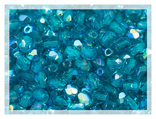 ca 600 pcs (50g) Faceted Fire Polished Pressed Czech Glass Beads 4mm (0.16in), Aqua Blue AB 60150 27801 von Bohemia Crystal Valley