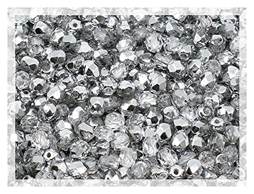 ca 600 pcs (50g) of Faceted Fire Polished Pressed Czech Glass Beads 4mm (0.16in), Crystal Silver Aluminum Labrador 00030-27001 BCV von Bohemia Crystal Valley