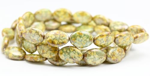 60 pcs Flat Oval Pressed Glass Beads, Chalk White Senegal Green (03000-15657), 16 x 11 mm, Glass, Czech Republic von Bohemia Crystal Valley