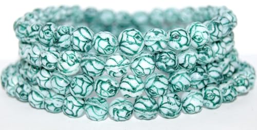 60 pcs Round Rose Pressed Glass Beads, White G (02010-G), 9 mm, Glass, Czech Republic von Bohemia Crystal Valley