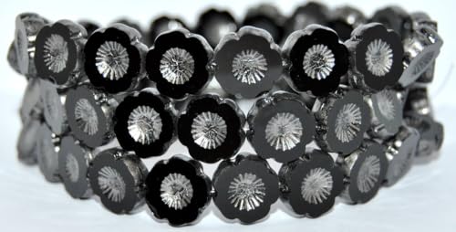 60 pcs Table Cut Round Beads Hawaii Flowers, Black 86790 (23980-86790), 14 mm, Glass, Czech Republic von Bohemia Crystal Valley