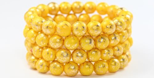 80 pcs Round Pressed Glass Beads Druck, White Yellow Golden Splash (02010-13001), 10 mm, Glass, Czech Republic von Bohemia Crystal Valley